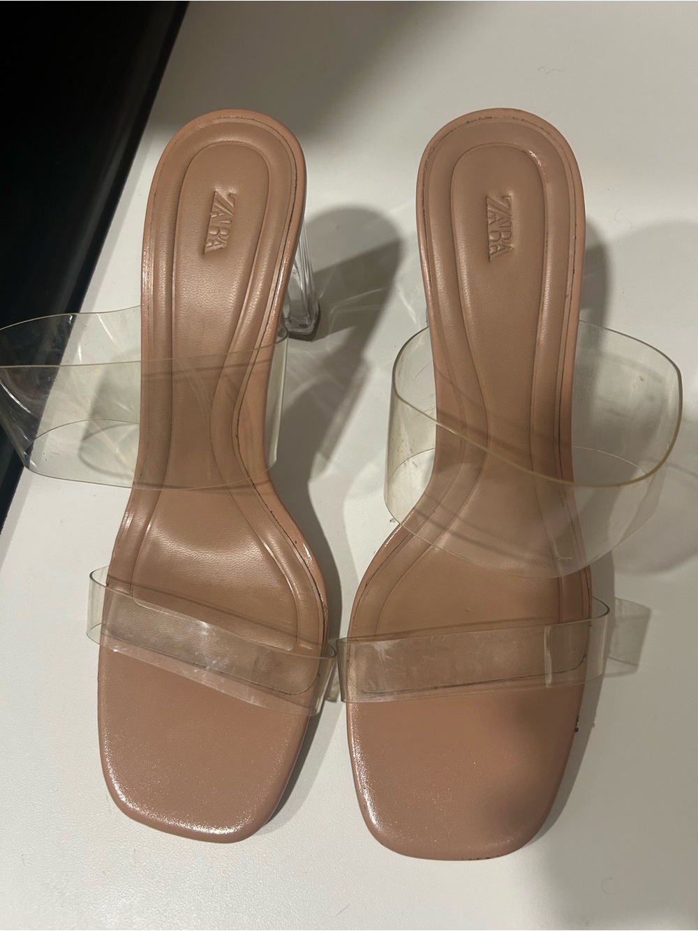 ZARA Nude Clear-Strap Square Toe Heeled Slides